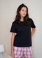 Women Summer Pajama set Black T-shirt + Pink X Black Tartan Plaid Shorts